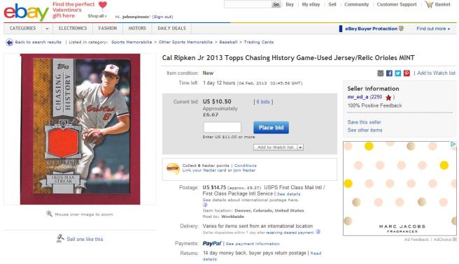 eBay Listing - 2013 Topps Cal Ripken jr Jersey Card
